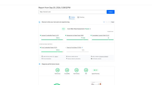 Пълен Google PageSpeed Insights мобилен одит за Horos 5 – 100/100 точки за мобилна скорост, Core Web Vitals, достъпност и SEO