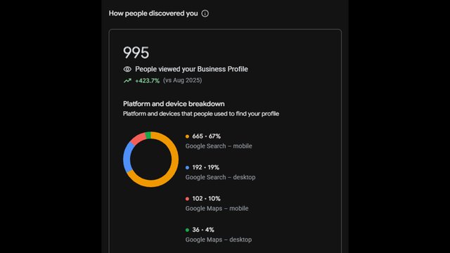 Google Business Profile статистика за Джовани БГ – 995 прегледа на профила (+423% ръст)