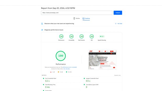 Пълен Google PageSpeed Insights десктоп одит за Джовани БГ – 100/100 резултат за скорост, достъпност, сигурност, SEO и Agentic Browsing