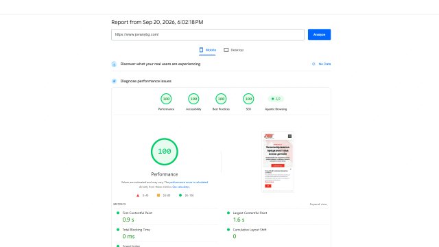 Пълен Google PageSpeed Insights мобилен одит за Джовани БГ – 100/100 точки за мобилна скорост, Core Web Vitals, достъпност и SEO